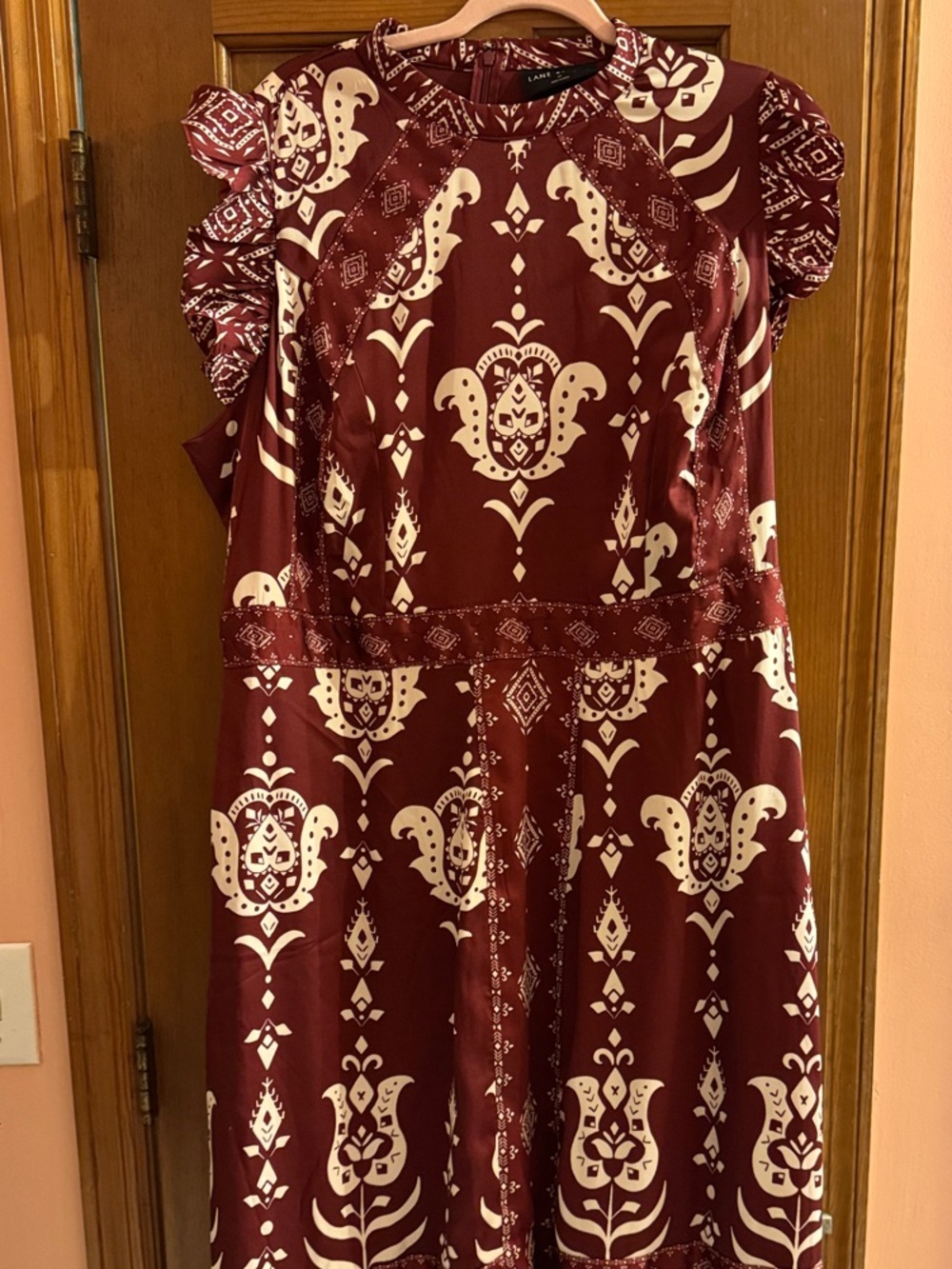 Lane Bryant Burgundy and Cream Midi Dress with Ruffle Cap Sleeves